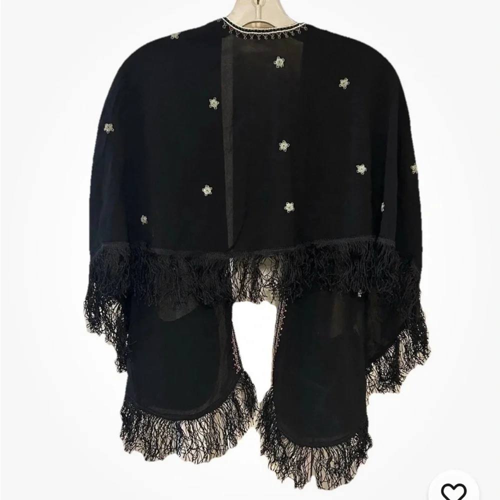 Vintage 1970s Black Embroidered Fringe Shawl Draped Wrap - Picture 2 of 7